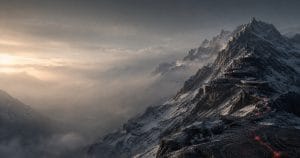 Mountain summit with operations stations and a crimson path representing the climb out of AI marketing exhaustion