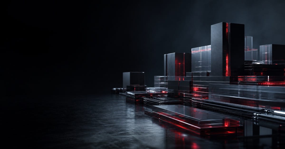 Structured crystalline blocks with crimson light symbolizing an AI marketing operating model evaluation framework