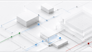 Abstract operating-model architecture in white, showing the layered workflows that determine whether AI marketing services create value