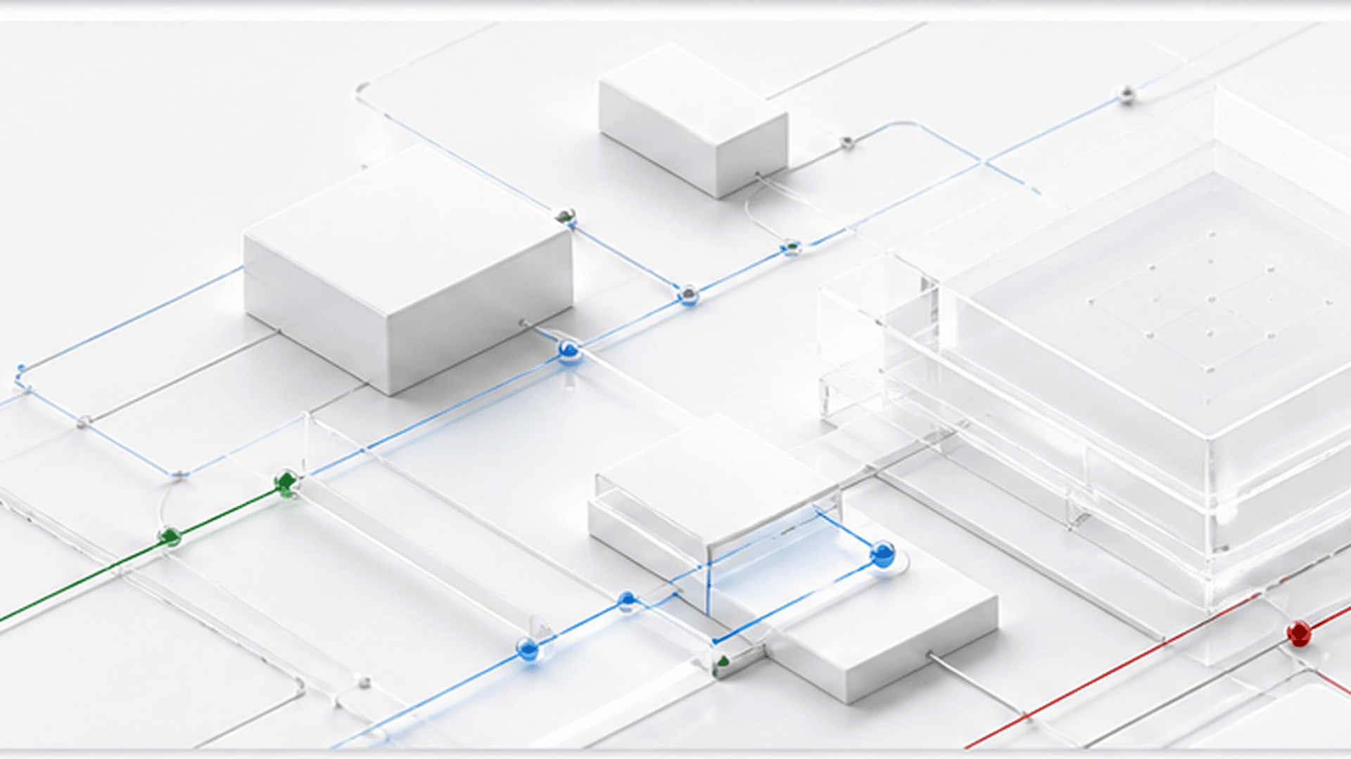 Abstract operating-model architecture in white, showing the layered workflows that determine whether AI marketing services create value
